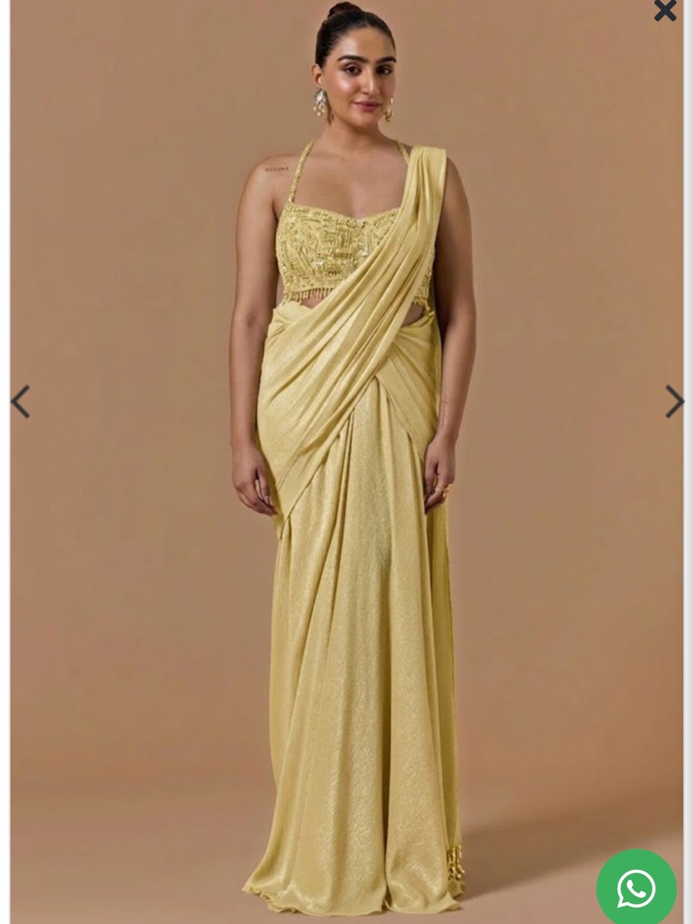 NWT House of Indya Pastel Yellow Chinon Handwork Pre Draped Saree Set